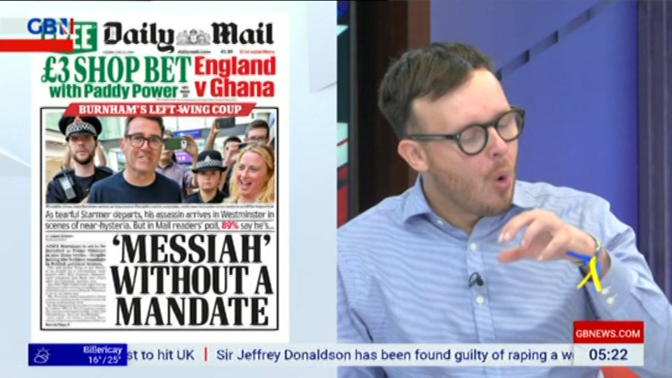 Broadcast still at 25m. GB News, Patrick Christys Tonight Late..., 23 June 2026.