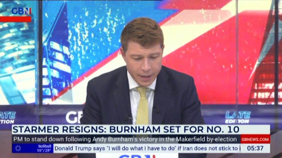 Broadcast still at 40m. GB News, Patrick Christys Tonight Late..., 23 June 2026.